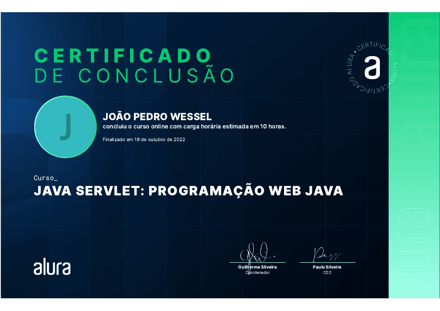 Certificado Java Servlet: programação web Java