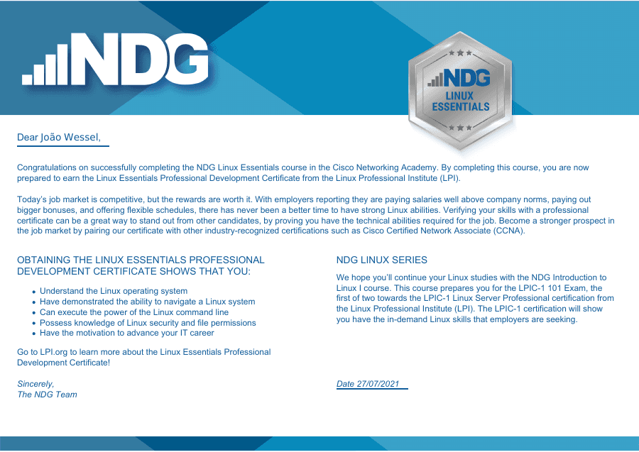 Certificado NDG Linux Essentials